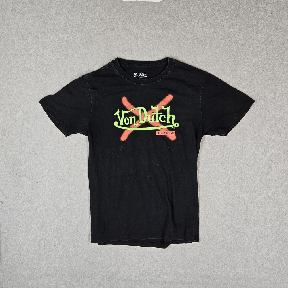 Von Dutch Men Shirt S Black Skull Feel No Fear Logo Graphic Print Short Sleeve